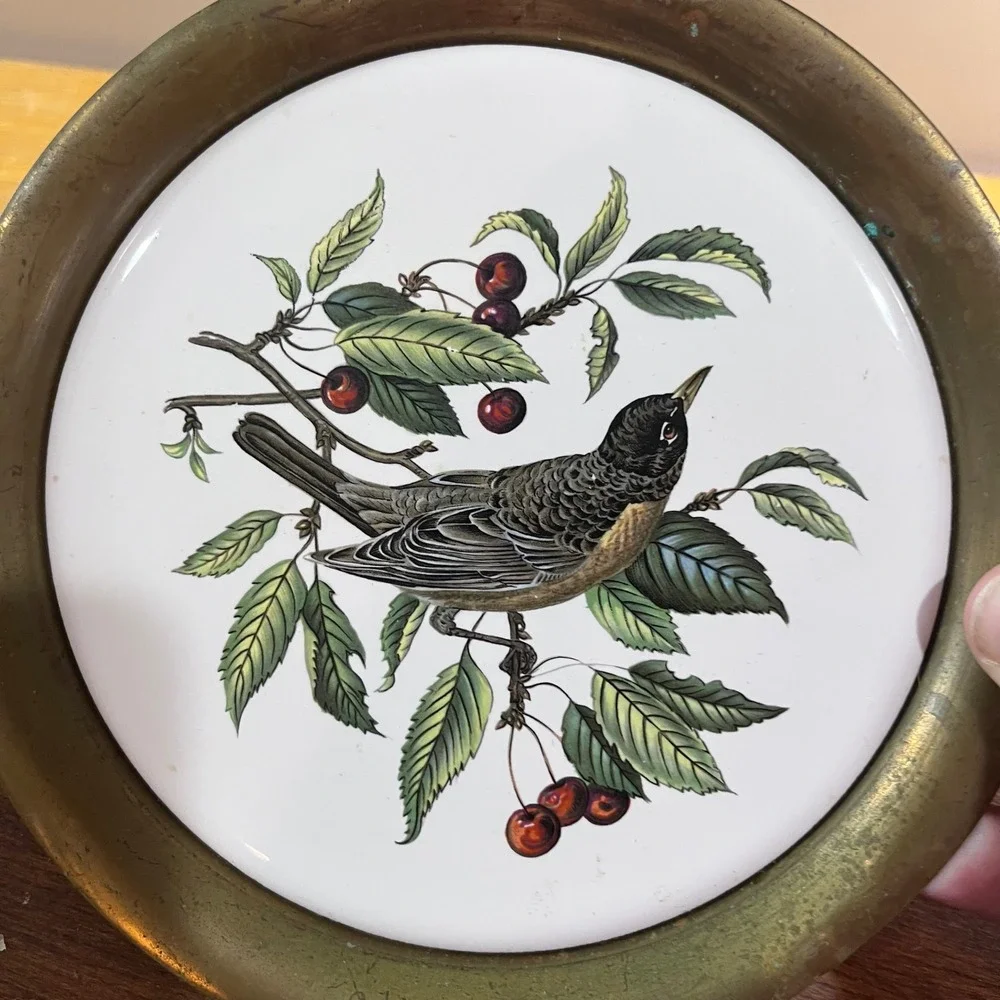 Vtg Metalsmiths of Virginia Solid Brass Bird & Cherries Wall Plaque 6